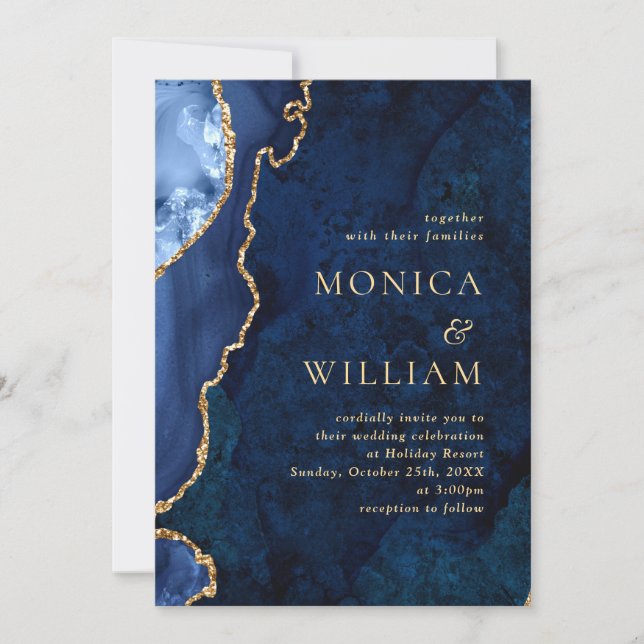 Modern Golden Navy Blue Marble Agate Wedding Invitation (Front)