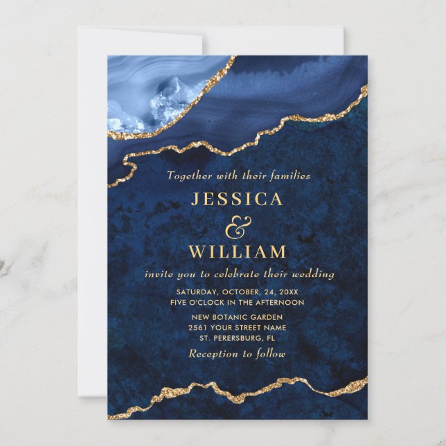 Modern Golden Navy Blue Marble Agate Wedding Invitation (Front)
