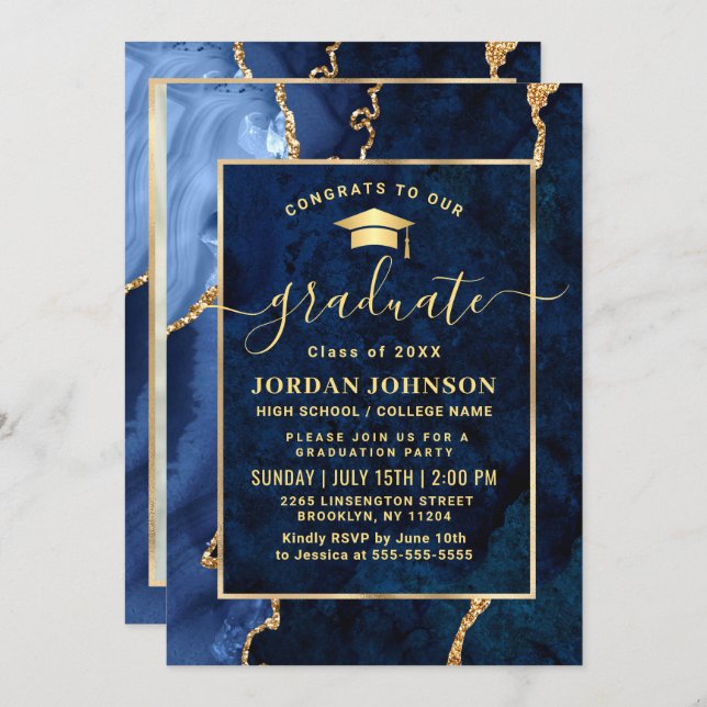 Modern Golden Navy Blue Marble Graduation Party Invitation (Front/Back)