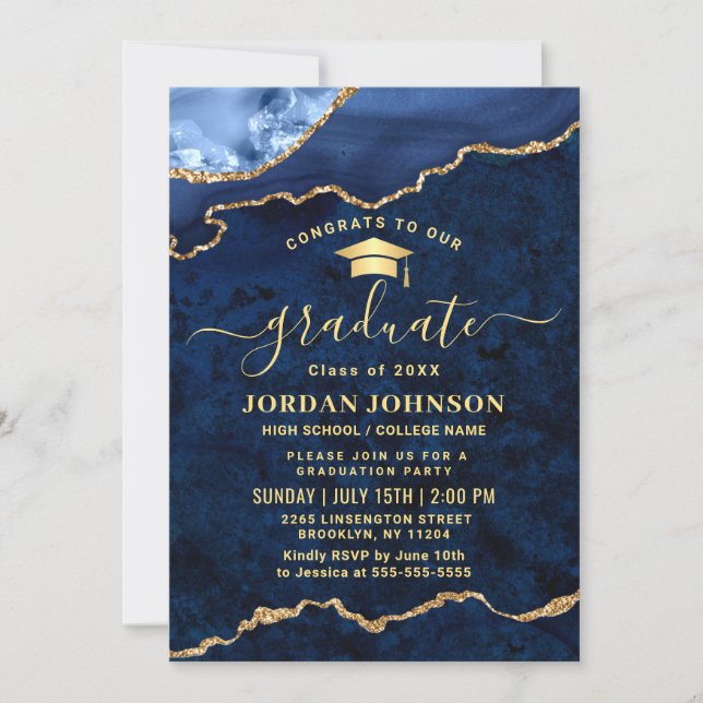 Modern Golden Navy Blue Marble Graduation Party Invitation (Front)