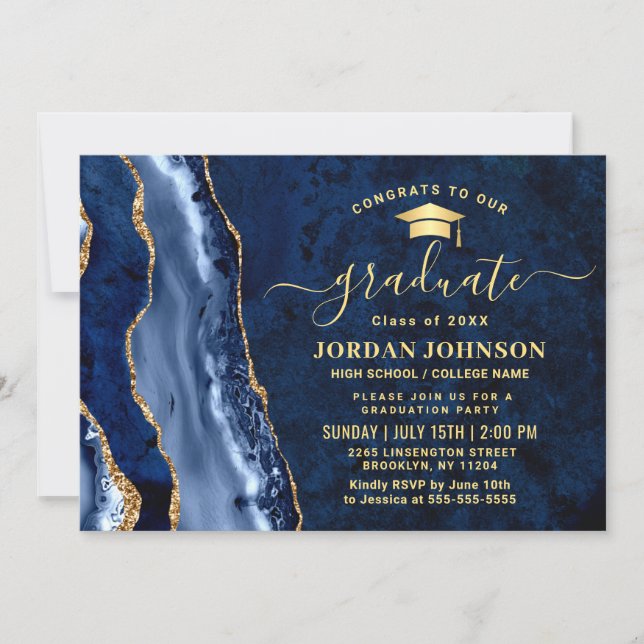Modern Golden Navy Blue Marble Graduation Party Invitation (Front)