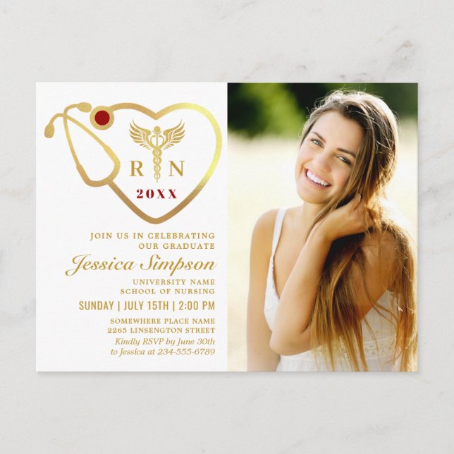 Modern Golden PHOTO Nursing Graduation Invitation Postcard (Front)
