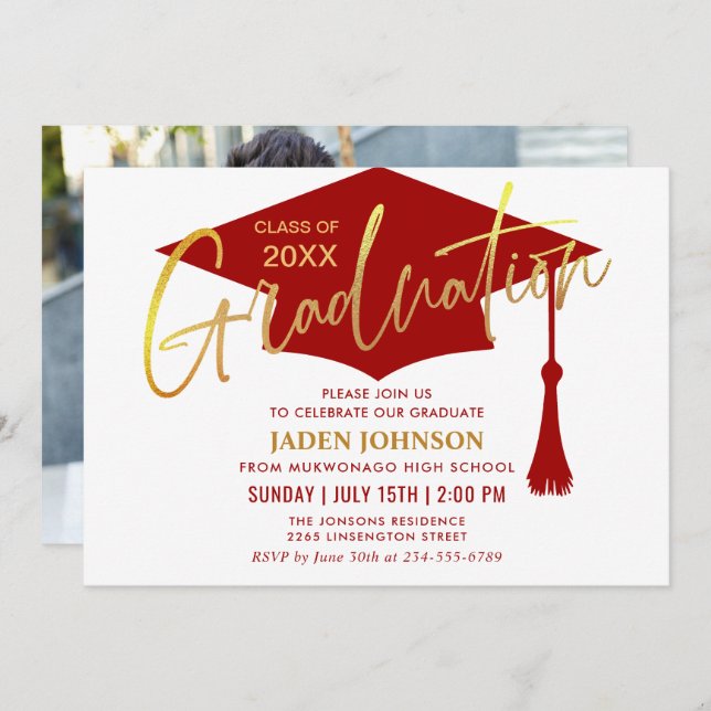 Modern Golden Red Graduation Party Invitation (Front/Back)