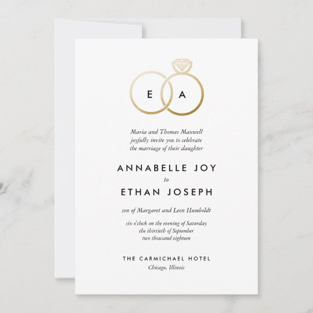 Modern Golden Rings Wedding Invitation (Front)