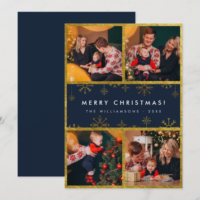 Modern Golden Snowflakes | Merry Christmas 4 Photo Invitation (Front/Back)