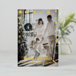 Modern Golden Snowflakes One Photo Gold Black<br><div class="desc">Customisable simple one vertical photo card with golden foil snowflakes and black and faux gold jewels on the back.</div>