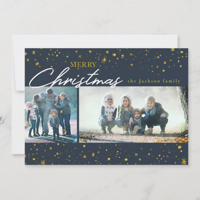 Modern golden stars dark blue Christmas greeting Holiday Card (Front)