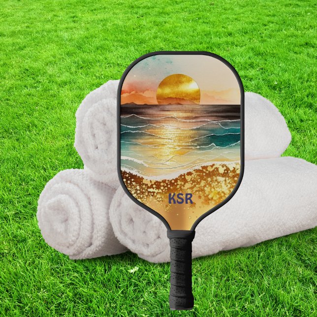 Modern Golden Sunset Over the Ocean Monogram  Pickleball Paddle (Creator Uploaded)