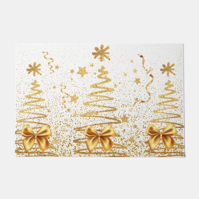 Modern golden trees shiny glam Christmas white Doormat (Front)