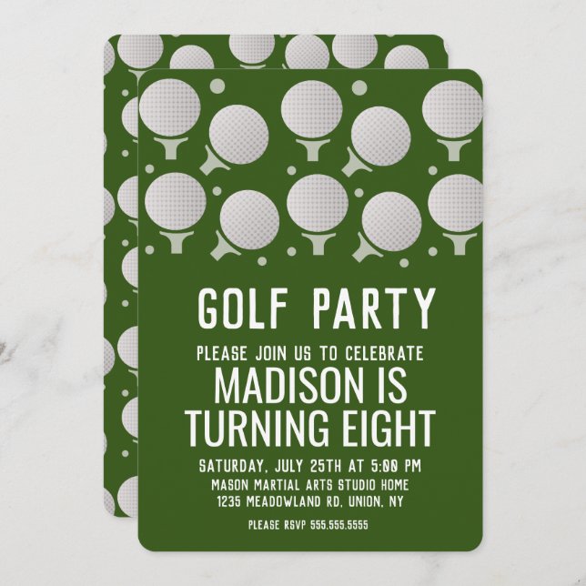 Modern Golf Balls Birthday Party Green Invitation (Front/Back)