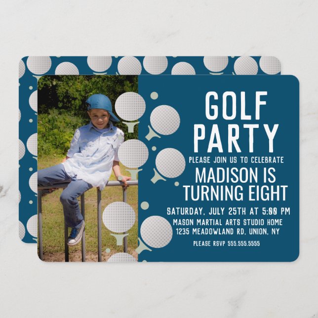 Modern Golf Balls Birthday Party Photo Invitation (Front/Back)