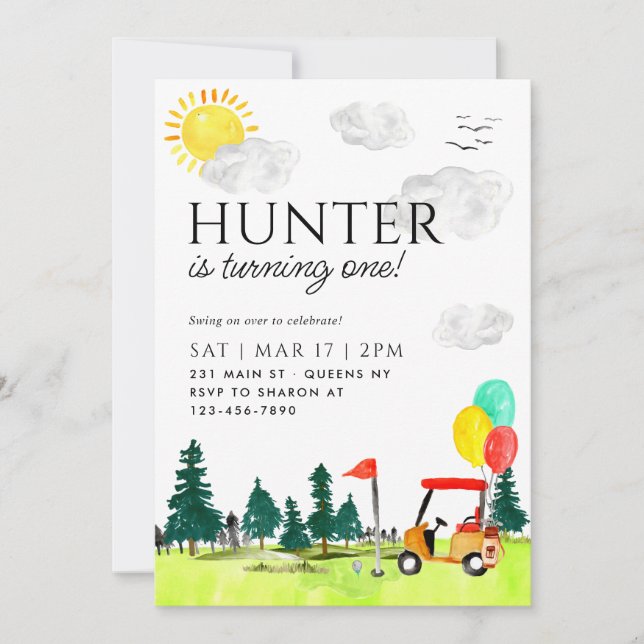 Modern Golf Cart Country Club Balloon Birthday Invitation (Front)