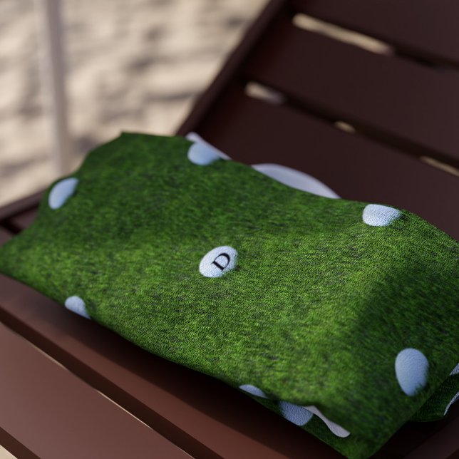 Modern Golfer Green Grass Golf Ball Monogram Beach Towel (Green Grass Golf Ball Monogram Beach Towel with space for your initial)