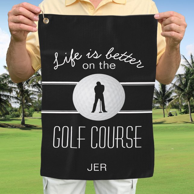 Modern Golfer Pro Quote Monogrammed Black White Golf Towel (Modern Golfer Pro Quote Men's Monogrammed Black White Golf Towel)
