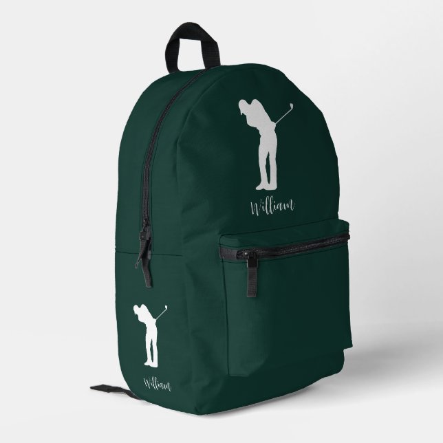 Modern Golfer Silhouette Script Monogram Green Printed Backpack (Back Corner Left)