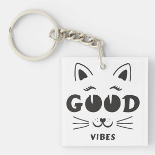 Modern Good Vibes Cat Face - Minimalist Feline Typ Key Ring