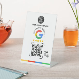 Modern Google Feedback QR Code White Pedestal Sign