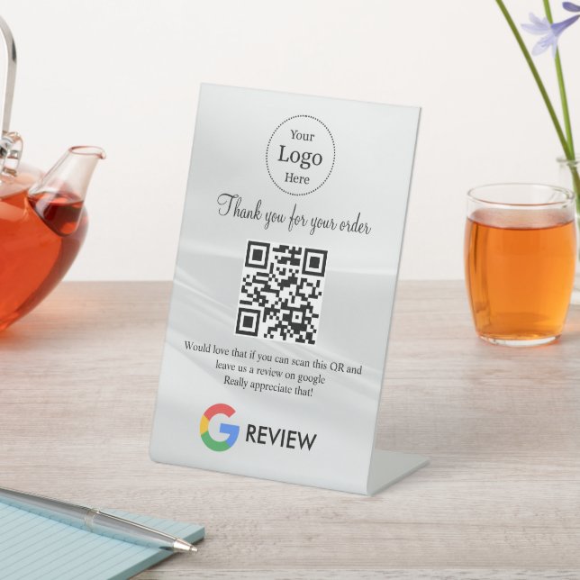 Modern Google reviews qr code tabletop sign (In SItu)