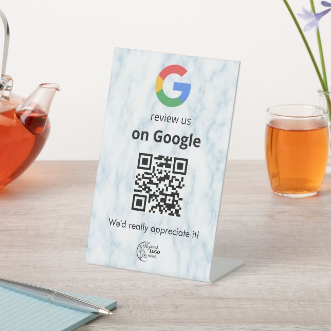 Modern Google reviews qr code tabletop sign (In SItu)