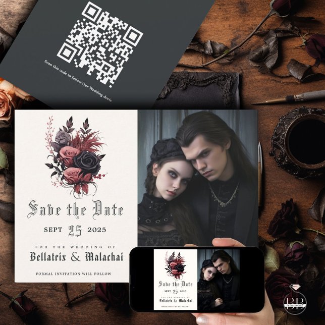 Modern Goth Black and WoodRose Photo  Save The Date (Creator Uploaded)