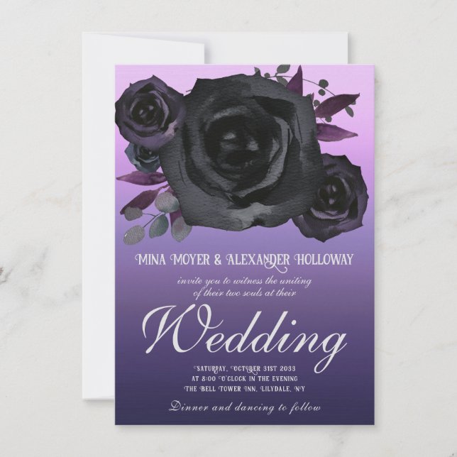 Modern Goth Purple Black Roses QRC Wedding  Invitation (Front)