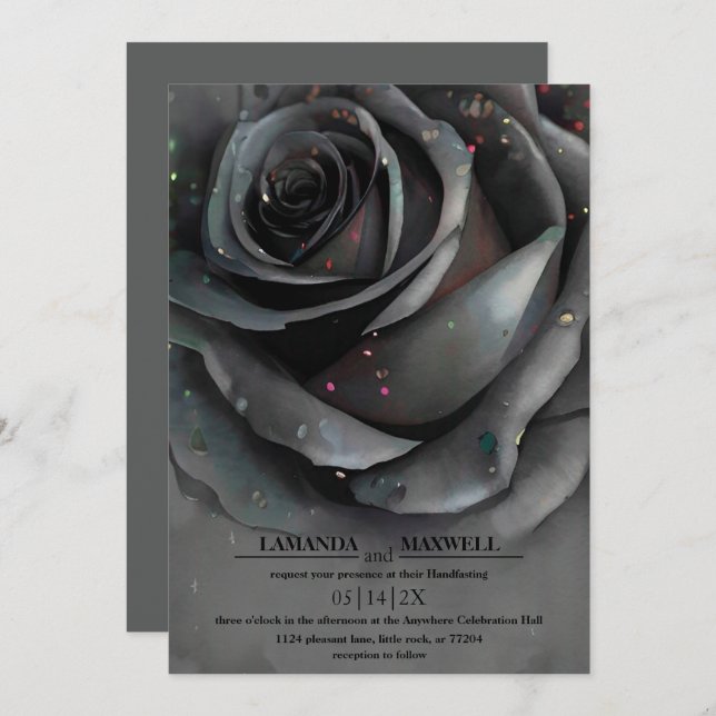 Modern Gothic Black Rose Moody Elegant Handfasting Invitation (Front/Back)