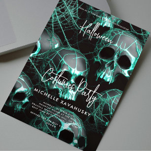 Modern Gothic Black Teal Skull Halloween Party Invitation
