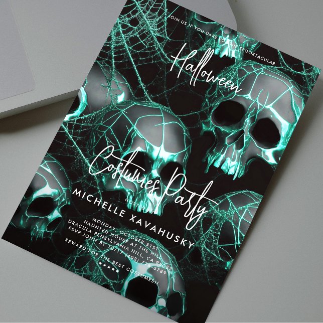Modern Gothic Black Teal Skull Halloween Party Invitation (Modern Gothic Black Teal Skull Halloween Party Invitation
)