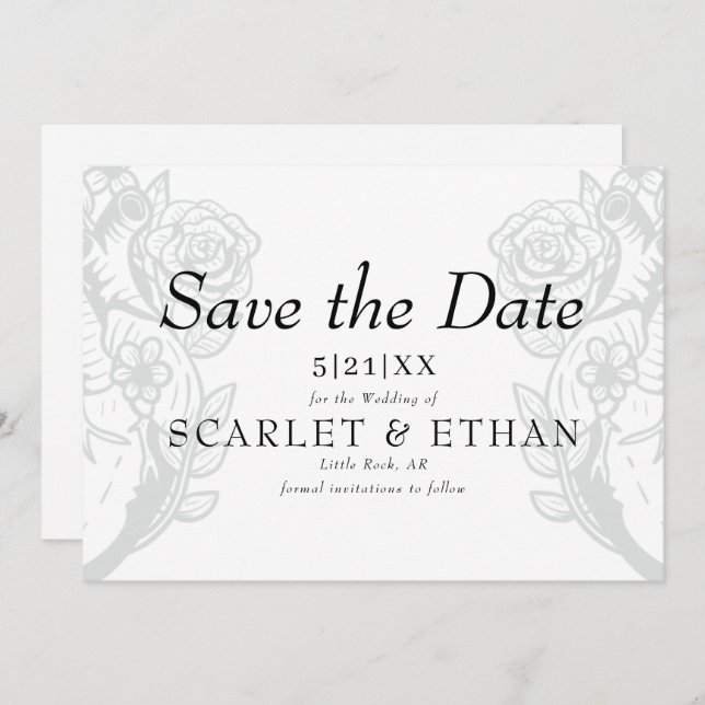 Modern Gothic Floral Heart Elegant White Wedding Save The Date (Front/Back)