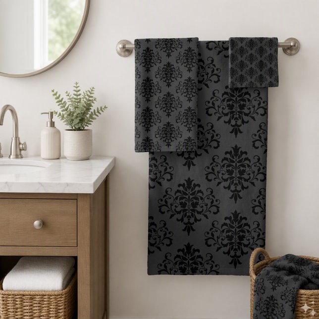 Modern Gothic Grey Black Damask Pattern Bath Towel Set (Creator Uploaded)