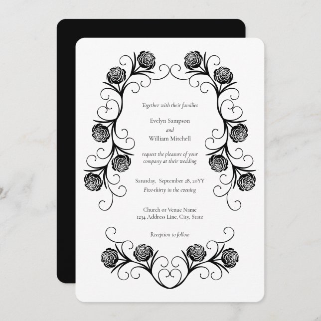Modern Gothic Rose Swirls Black and White Wedding Invitation (Front/Back)