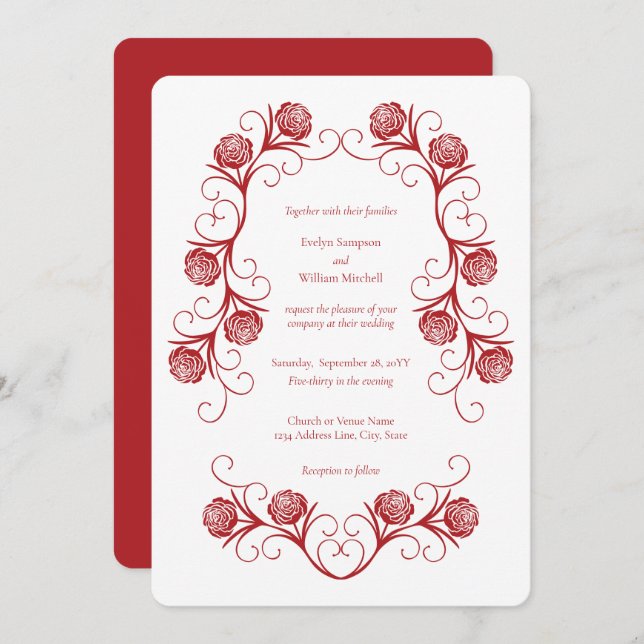 Modern Gothic Rose Swirls Crimson Red Wedding Invitation (Front/Back)