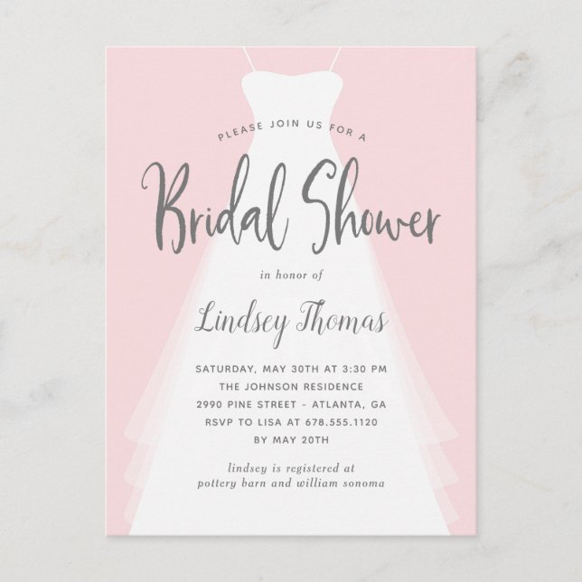 Modern Gown Bridal Shower Invitation Postcard (Front)