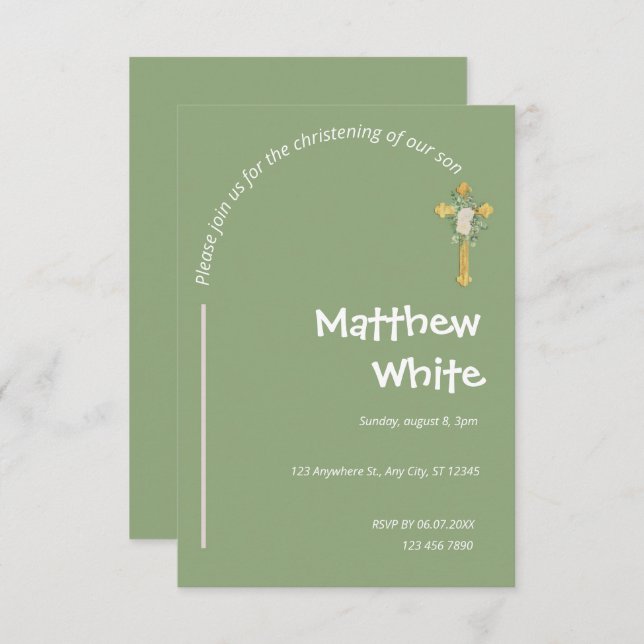 Modern Grace: Modern Green Christening Baptism Invitation (Front/Back)