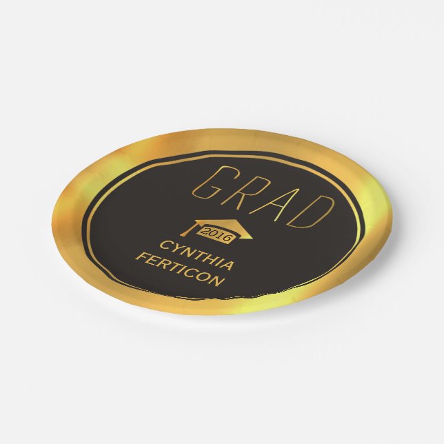 Modern Grad 2016 black, gold graduation cap Paper Plate (Angled)