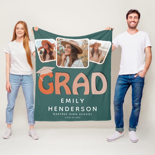 Modern GRAD 3 x Photo Collage Graduation Gift Fleece Blanket (In Situ)