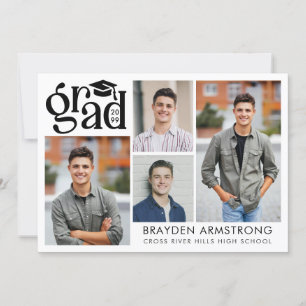 Modern GRAD 4 Photos White Black Invitation