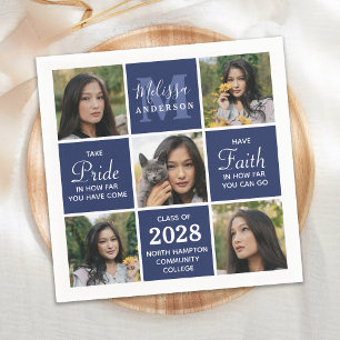 Modern Grad 5 Photo Collage Navy Blue Graduation Napkin