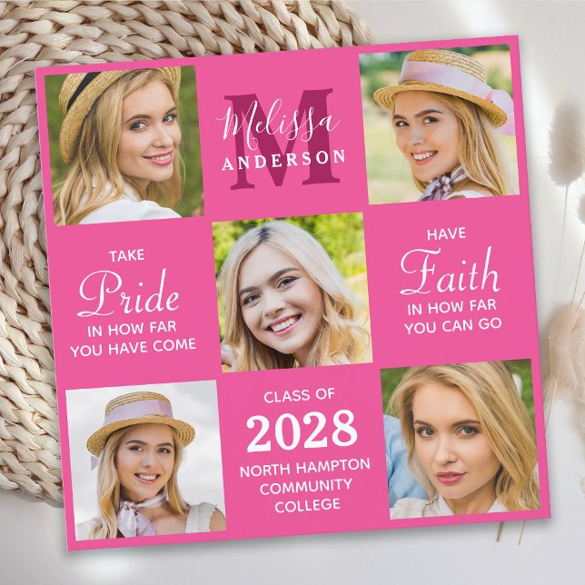 Modern Grad 5 Photo Collage Pink Graduation Announcement (Creator Uploaded)