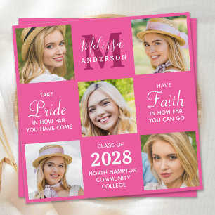 Modern Grad 5 Photo Collage Pink Graduation Invitation
