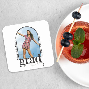 Modern GRAD Black Arch Photo Graduation Party Square Paper Coaster