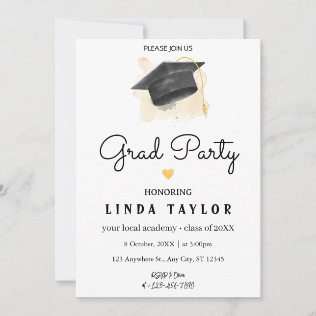 Modern GRAD Black Gold Graduation Party  Invitation (Front)