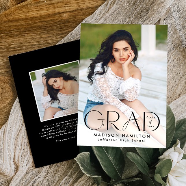 Modern Grad Black Typography 2 Photo Graduation Announcement (Creator Uploaded)