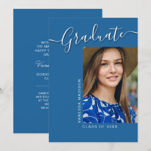 Modern Grad   Blue 1 Photo Elegant Script Announcement