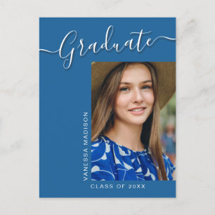 Modern Grad Blue 1 Photo Elegant Script Postcard