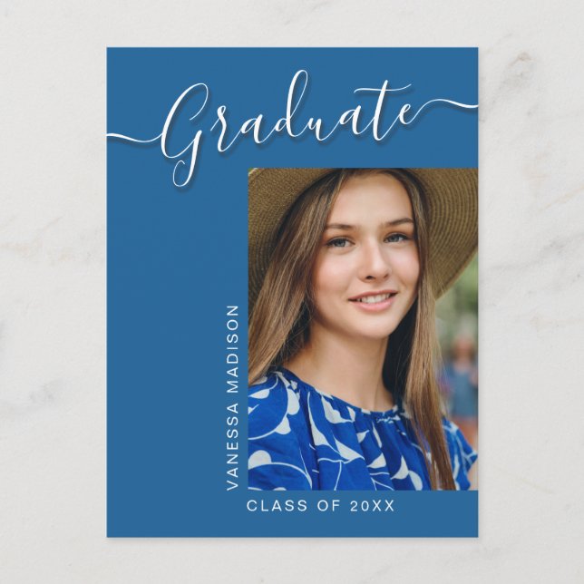 Modern Grad | Blue 1 Photo Elegant Script Postcard (Front)