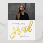 Modern Grad Brush Script Photo Graduation<br><div class="desc">Celebrate your achievement with this Modern Script Photo High School Graduation Invitation. Featuring elegant script,  luxurious foil accents,  and space for a cherished photo,  this sleek and stylish design adds a personal touch to your special milestone. Perfect for inviting family and friends to join in the celebration.</div>