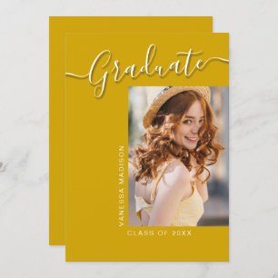 Modern Grad   Canary Yellow 1 Photo Elegant Script Announcement