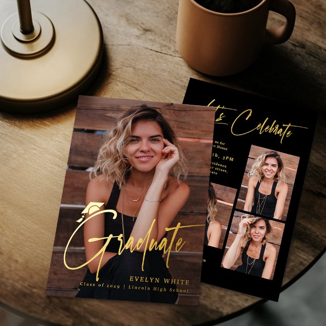 Modern Grad Cap Script 4 Photo Simple Graduation (Modern Grad Cap Script 4 Photo Simple Graduation Foil Invitation)