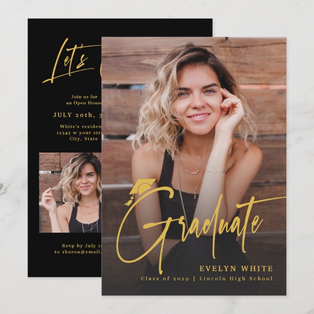 Modern Grad Cap Script 4 Photo Simple Graduation Invitation (Front/Back)